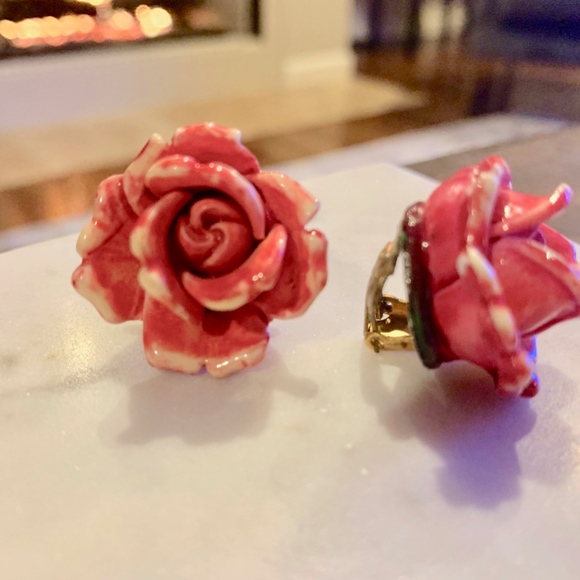 Hand-painted Pink Rose Earrings Clipon - Picture 2 of 3
